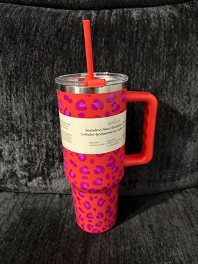 Ashland Bright Pink Tumbler with Purple Leopard Print and Red Handle
